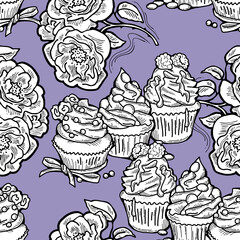 Tasty sweet cupcake dessert decorative seamless vector pattern for textile design, fabric print, digital or wrapping, wall paper, background and backdrop, bakery shop decoration, cafe, restaurant menu