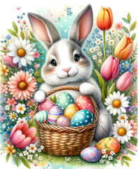 Bunny with Basket of Easter Eggs.
A cute bunny with a basket full of beautifully decorated Easter eggs.