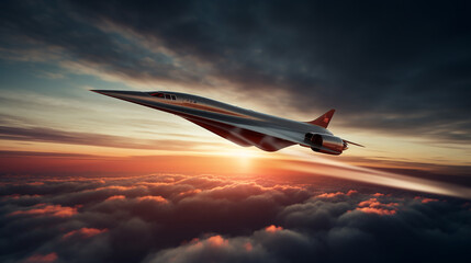 supersonic jet crossing the sky at dusk - obrazy, fototapety, plakaty