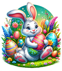 Springtime Bunny with Easter Eggs.
Joyful bunny surrounded by Easter eggs and spring flowers in a lush meadow.