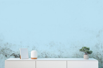 Modern chest of drawers with houseplant and blank picture near blue wall in room