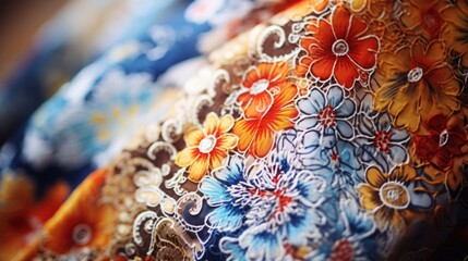 Closeup of exquisite handpainted H batik patterns on a traditional dress.