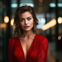 Fototapeta premium Portrait of a beautiful female model in the night city.