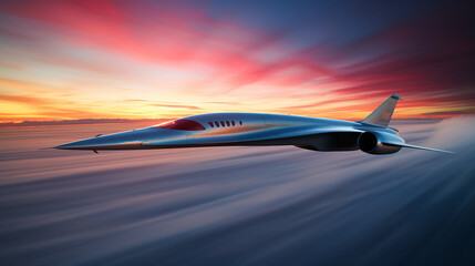 supersonic jet crossing the sky at dusk with beautiful sky background