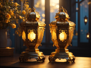 3D Animation Style couple of golden lanterns are next to each other