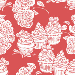 Tasty sweet cupcake dessert decorative seamless vector pattern for textile design, fabric print, digital or wrapping, wall paper, background and backdrop, bakery shop decoration, cafe, restaurant menu