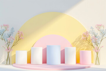 Fototapeta premium Set of white realistic 3d cylinder pedestal podium with pastel yellow, blue and pink in semi circle backdrop.