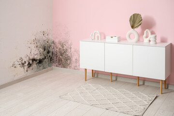 Stylish rug and white sideboard with decor near pink wall