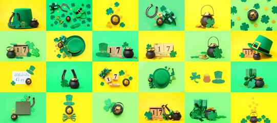 Fototapeta premium Collage with many different symbols of St. Patrick's Day on green and yellow background