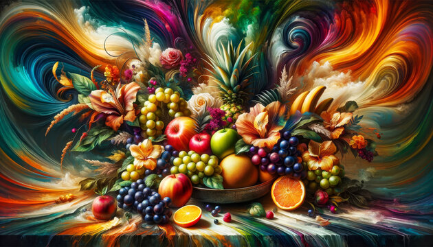 Surreal Fruit Abundance Art.
A vibrant, artistic still life of a fruit arrangement with a surreal twist.