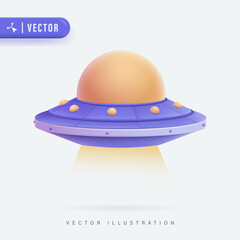 UFO 3d vector illustration isolated, flying UFO with yellow and purple color