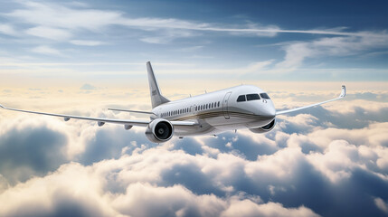 Fototapeta na wymiar luxurious private jet with polished silver exterior and custom logo flies high above the clouds