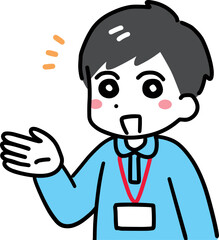 Obraz premium 片手をあげて笑顔で案内する介護スタッフの若い男性(上半身・ポロシャツ)