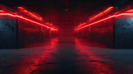 A Dark Underground Garage with a Red Neon Laser Line Casting a Glowing Effect on Concrete Walls and Floor, Creating a Mystical Smoke Fog Atmosphere