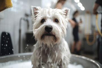 an adorable and happy whitedog in the bathtub of a dog groomer full of soap receiving a bath