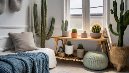 A cozy corner in a room with a cactus on a shelf or side table, surrounded by soft cushion