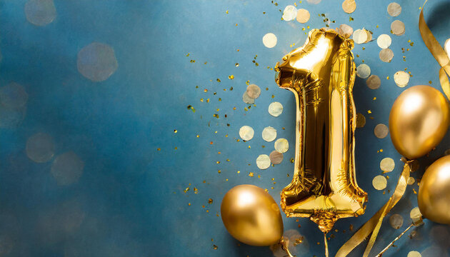 Banner with number 1 golden balloon with copy space. one years anniversary celebration concept on a blue background.