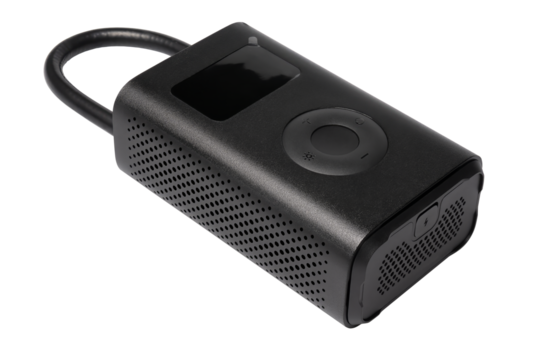 Mini black wireless portable car tire inflator air compressor pump and many types of nozzles isolated on white, Clipping path