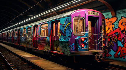 An old-fashioned subway train with graffiti art rumbles through a dimly lit, underground tunnel - obrazy, fototapety, plakaty
