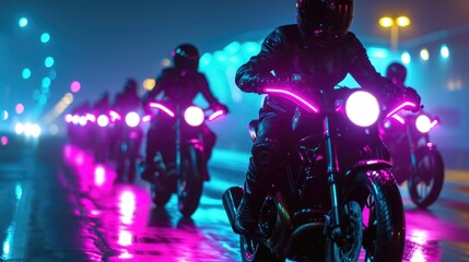 Fototapeta na wymiar A group of motorcycle riders with neon helmets and lights lining their bikes perform synchronized stunts creating a dazzling show of neon in motion