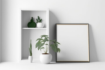 Vertical white frame mockup in minimal style interior with trailing green plant in pot, on shelf on empty neutral white wall background. Illustration. Generative AI