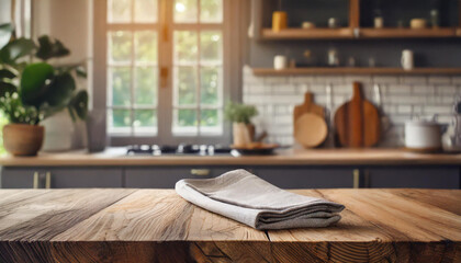 Wooden dinning table with napkin in front of blurred kitchen 