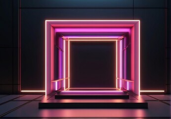 An abstract geometric background with neon square frame glowing with gradient light in the dark from Generative AI