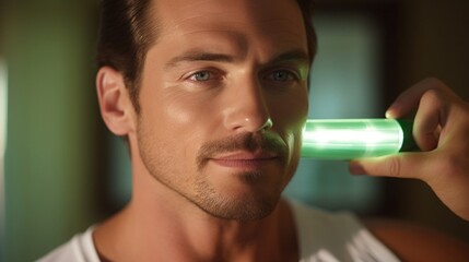 Closeup of a man using a jade roller to massage and depuff his undereye area, reducing the appearance of dark circles.