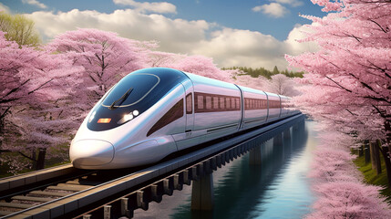 white and blue bullet train races past grove of blooming cherry trees contrasting with pink blossoms