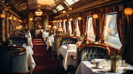 vintage dining car on elegant train journey - obrazy, fototapety, plakaty