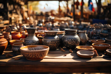 A traditional pottery workshop with various ceramic pieces, showcasing cultural heritage. Concept of artisan skills and cultural traditions. Generative Ai.