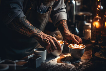 A barista creating latte art, illustrating skill and the culture of coffee. Generative Ai. - obrazy, fototapety, plakaty