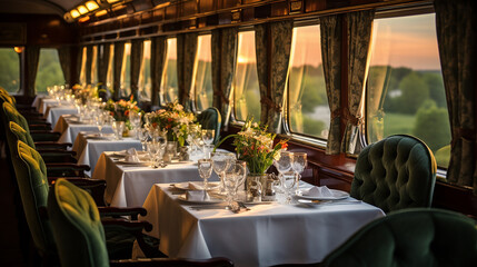 vintage dining car on elegant train journey offers a glimpse of luxury travel from a bygone era - obrazy, fototapety, plakaty
