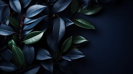 Dark blue tropical leaf texture with copy space for nature concept and flat lay composition.
