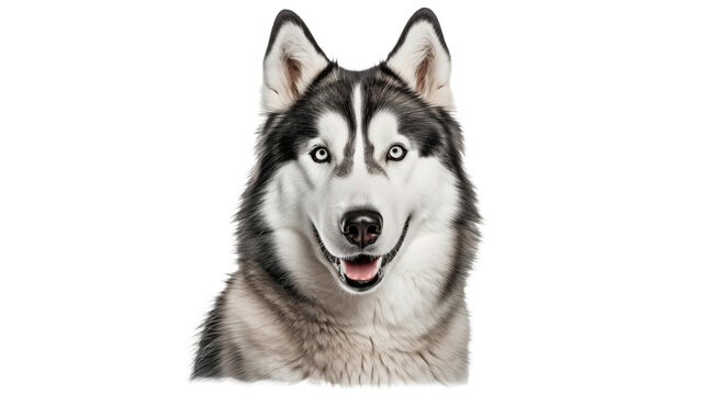 A smiling husky dog on a white background.