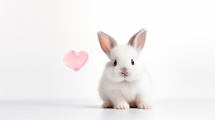 Cute fluffy white rabbit, bunny with a pink heart on a white background.