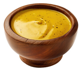 Mustard sauce in wooden bowl isolated.