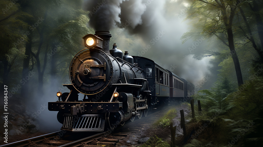 Wall mural an old vintage steam locomotive in a misty forest