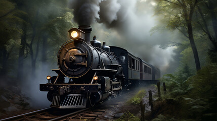 an old vintage steam locomotive in a misty forest - obrazy, fototapety, plakaty