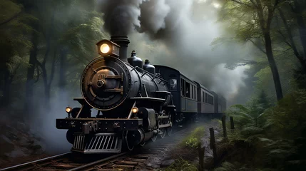 Fotobehang an old vintage steam locomotive in a misty forest © pjdesign