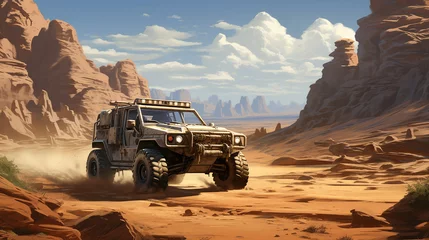 Photo sur Aluminium Chocolat brun A rugged, all-terrain vehicle traversing a rocky desert landscape