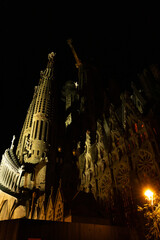Barcelona, Catalonia, Spain - 03 October 22: Sagrada Familia basilica church at night time Dark...