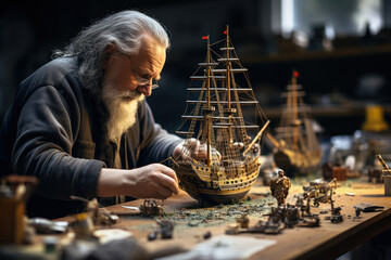 In a bustling workshop, a group of seniors crafts intricate model ships, showcasing the meticulous attention to detail and precision that comes with pursuing model-building. Generative Ai.