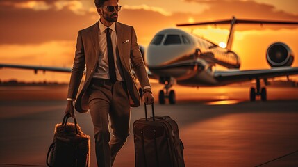 Business traveler boarding private jet with luggage ready for a luxurious journey - obrazy, fototapety, plakaty