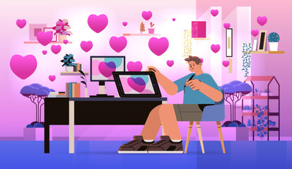 guy in love using laptop social media communication happy valentines day celebration concept living room interior