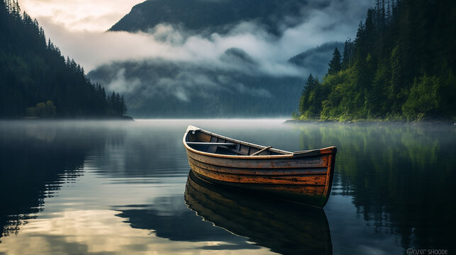 a simple, wooden rowboat on the serene waters of a misty fjord