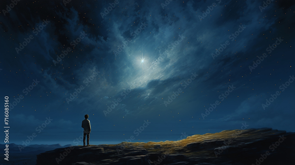 Wall mural single bright star shining in a dark cloudless night