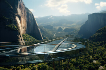 A sleek glass bridge spans a chasm, providing a transparent pathway that connects two cliffs,...