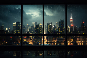 Fototapeta na wymiar A rain-soaked cityscape glistens through the window, offering a cinematic view of urban life seen through the prism of water-slicked glass. Concept of rainy urban enchantment. Generative Ai.