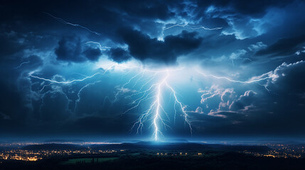 single bright lightning bolt illuminating stormy sky - obrazy, fototapety, plakaty